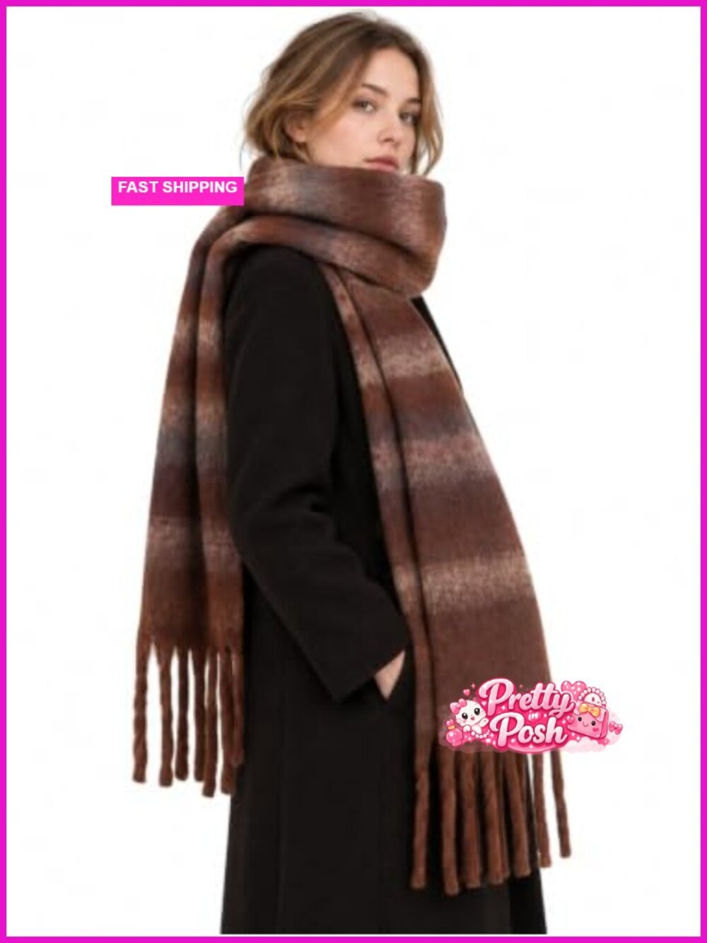 Chunky Oversized Plaid Blanket Scarf Polyester Tassel Shawl Winter Wrap